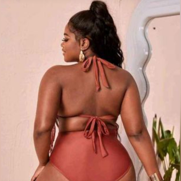 SHEIN 2XL brown fringe trim cut out tie back halter one piece swimsuit - Picture 11 of 11